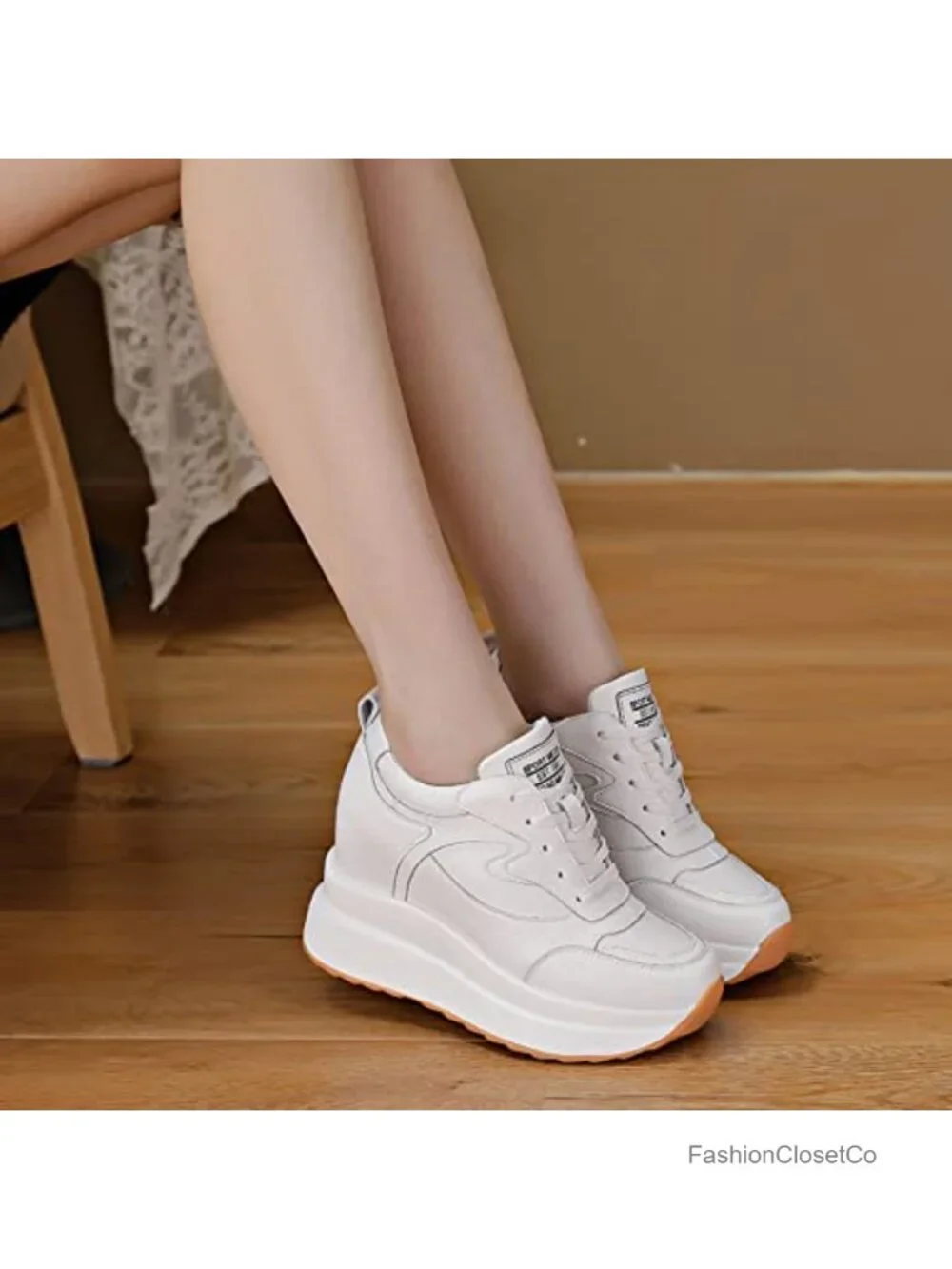 Wedge Sneakers for Women Leather Platform Lace Up Hidden Heel Fashion